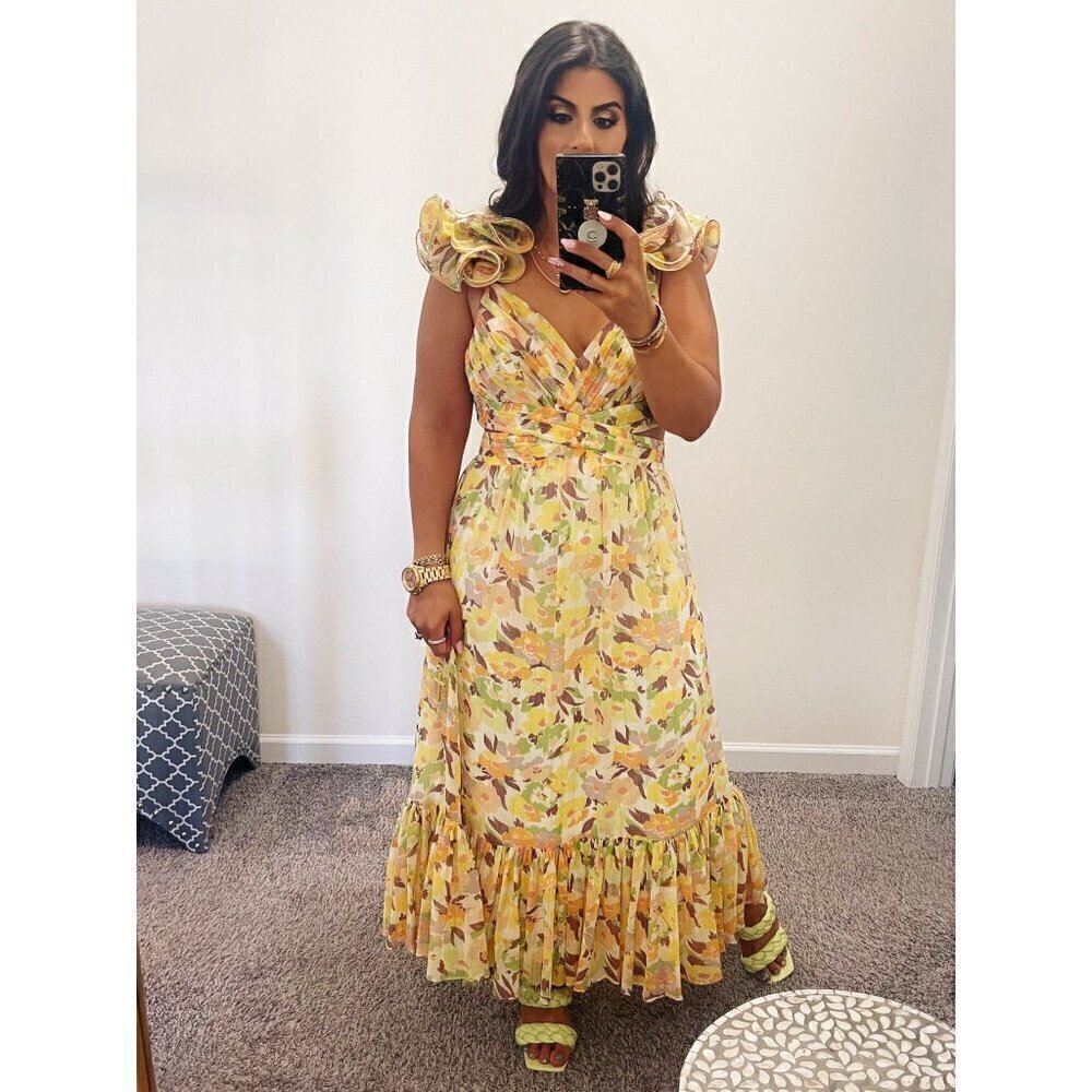 Likely Yellow Floral Midi Dress with Ruffled Shoulders Sz 8 great condition